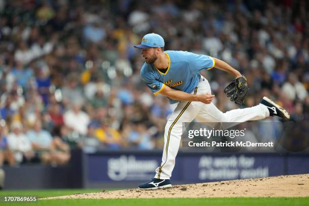 Colin Rea of the Milwaukee Brewers pitches in the fourth inning against the Pittsburgh Pirates at American Family Field on August 04, 2023 in...