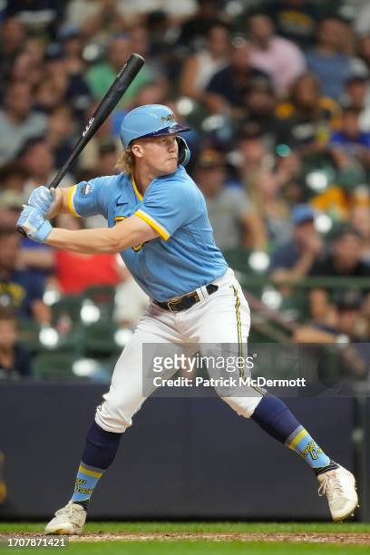 Joey Wiemer of the Milwaukee Brewers bats in the fourth inning against the Pittsburgh Pirates at American Family Field on August 04, 2023 in...