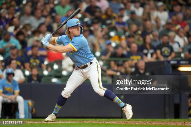 Joey Wiemer of the Milwaukee Brewers bats in the fourth inning against the Pittsburgh Pirates at American Family Field on August 04, 2023 in...