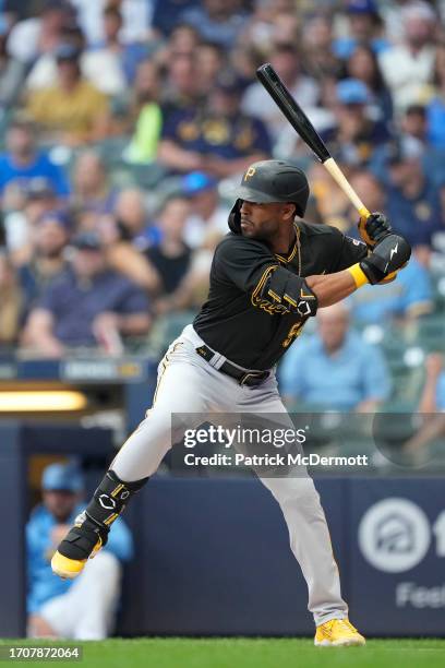 Josh Palacios of the Pittsburgh Pirates bats against the Milwaukee Brewers in the first inning at American Family Field on August 04, 2023 in...