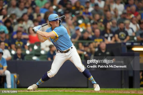 Joey Wiemer of the Milwaukee Brewers bats in the fourth inning against the Pittsburgh Pirates at American Family Field on August 04, 2023 in...