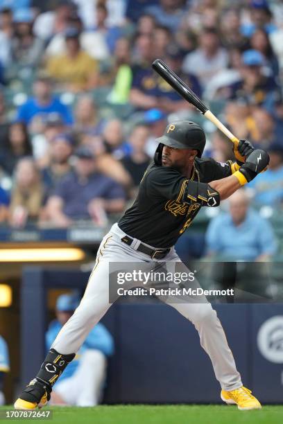 Josh Palacios of the Pittsburgh Pirates bats against the Milwaukee Brewers in the first inning at American Family Field on August 04, 2023 in...