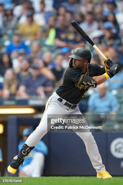 Josh Palacios of the Pittsburgh Pirates bats against the Milwaukee Brewers in the first inning at American Family Field on August 04, 2023 in...