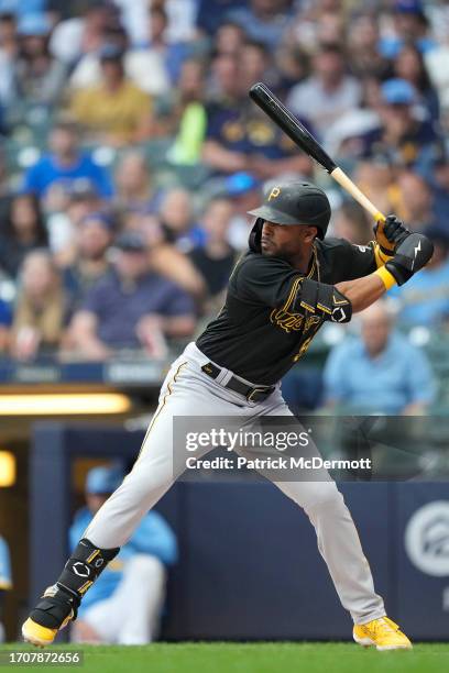 Josh Palacios of the Pittsburgh Pirates bats against the Milwaukee Brewers in the first inning at American Family Field on August 04, 2023 in...