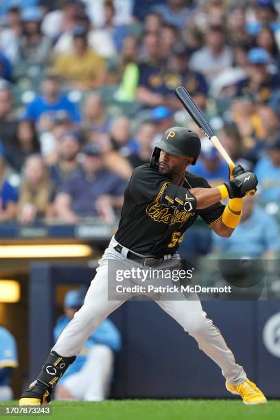 Josh Palacios of the Pittsburgh Pirates bats against the Milwaukee Brewers in the first inning at American Family Field on August 04, 2023 in...