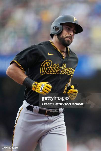 Alfonso Rivas of the Pittsburgh Pirates hits a three-run home run in the first inning against the Milwaukee Brewers at American Family Field on...