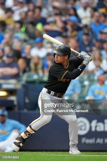 Endy Rodriguez of the Pittsburgh Pirates bats against the Milwaukee Brewers in the first inning at American Family Field on August 04, 2023 in...