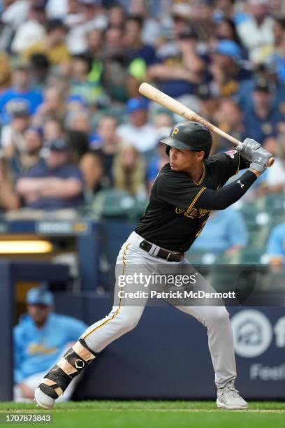 Endy Rodriguez of the Pittsburgh Pirates bats against the Milwaukee Brewers in the first inning at American Family Field on August 04, 2023 in...