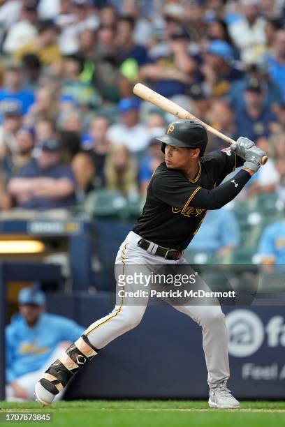 Endy Rodriguez of the Pittsburgh Pirates bats against the Milwaukee Brewers in the first inning at American Family Field on August 04, 2023 in...