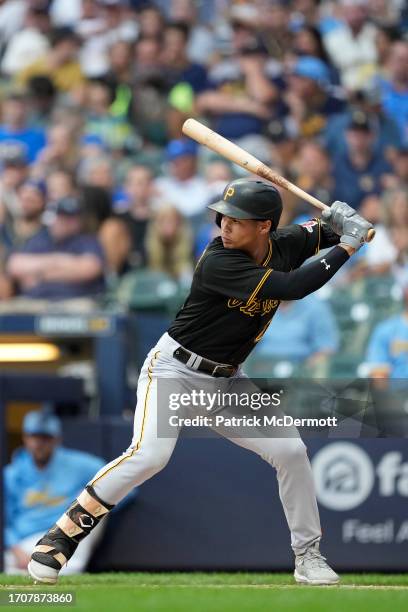 Endy Rodriguez of the Pittsburgh Pirates bats against the Milwaukee Brewers in the first inning at American Family Field on August 04, 2023 in...