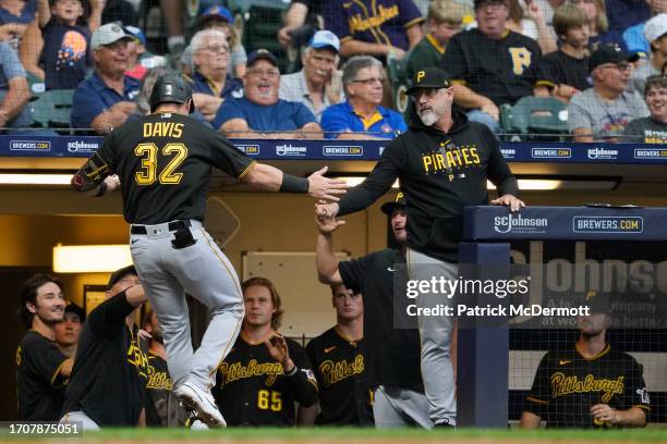 Henry Davis of the Pittsburgh Pirates celebrates after hitting a two-run home run in the second inning against the Milwaukee Brewers at American...