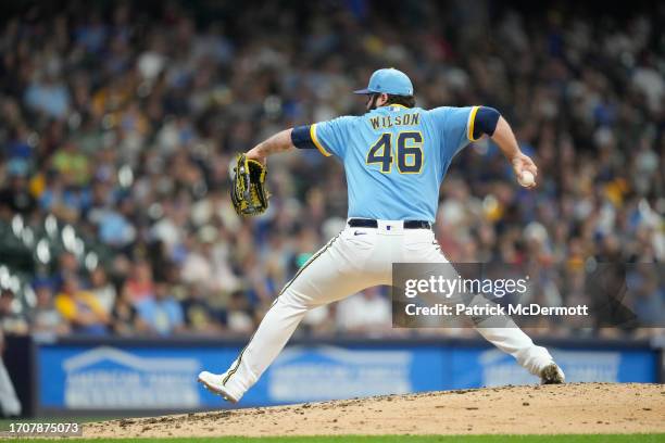 Bryse Wilson of the Milwaukee Brewers pitches in the fifth inning against the Pittsburgh Pirates at American Family Field on August 04, 2023 in...