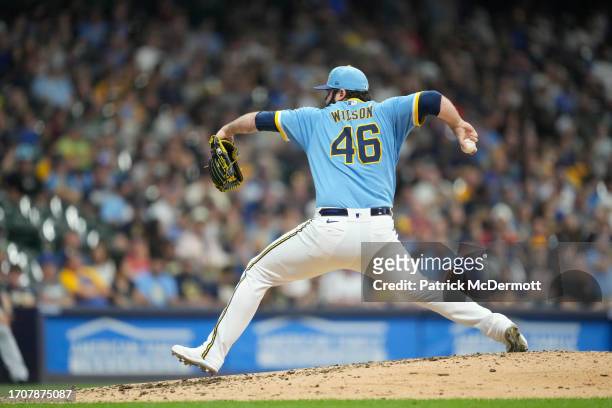 Bryse Wilson of the Milwaukee Brewers pitches in the fifth inning against the Pittsburgh Pirates at American Family Field on August 04, 2023 in...