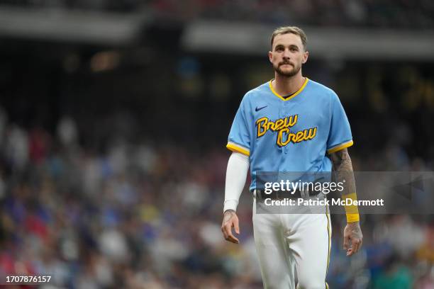 Brice Turang of the Milwaukee Brewers looks on in the fourth inning against the Pittsburgh Pirates at American Family Field on August 04, 2023 in...