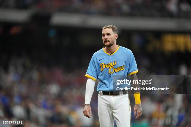 Brice Turang of the Milwaukee Brewers looks on in the fourth inning against the Pittsburgh Pirates at American Family Field on August 04, 2023 in...