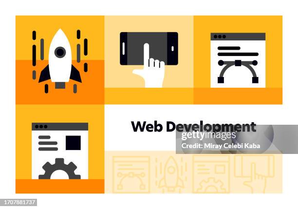 web development line icon set and banner design. - developer office stock illustrations