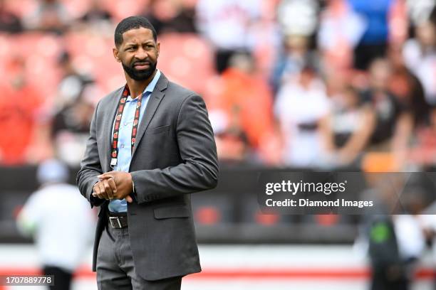 Executive vice president/football operations & general manager Andrew Berry of the Cleveland Browns looks on prior to a game against the Tennessee...