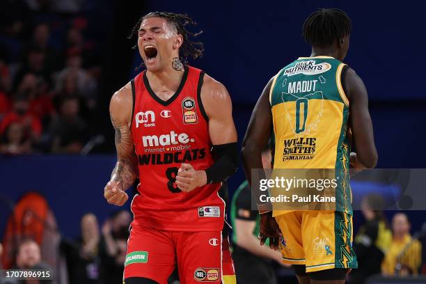 Jordan Usher of the Wildcats celebrates a basket during the round one NBL match between Perth Wildcats and Tasmania Jackjumpers at RAC Arena, on...