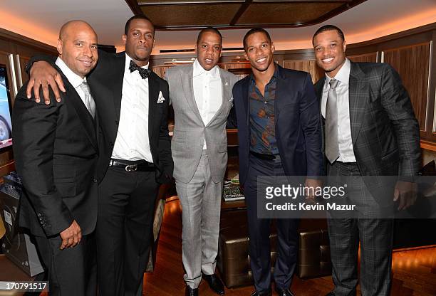 Juan 'OG' Perez, Geno Smith, Jay-Z, Victor Cruz and Robinson Cano attend The 40/40 Club 10 Year Anniversary Party at 40 / 40 Club on June 17, 2013 in...