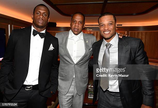 Geno Smith, Jay-Z, and Robinson Cano attend The 40/40 Club 10 Year Anniversary Party at 40 / 40 Club on June 17, 2013 in New York City.