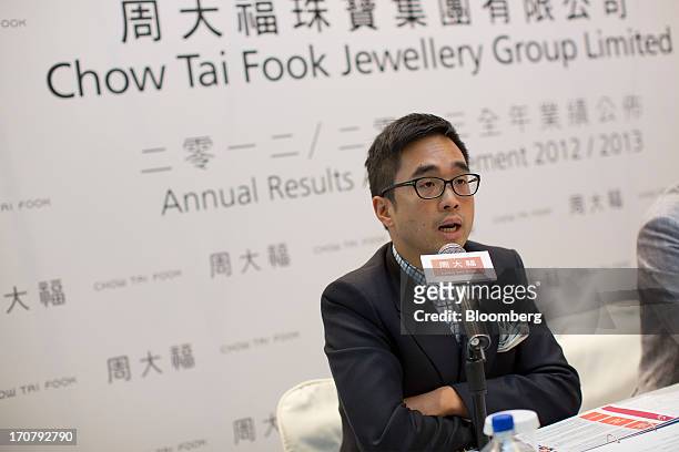 Adrian Cheng, executive director of Chow Tai Fook Jewellery Group Ltd., speaks during the companys annual results news conference in Hong Kong,...