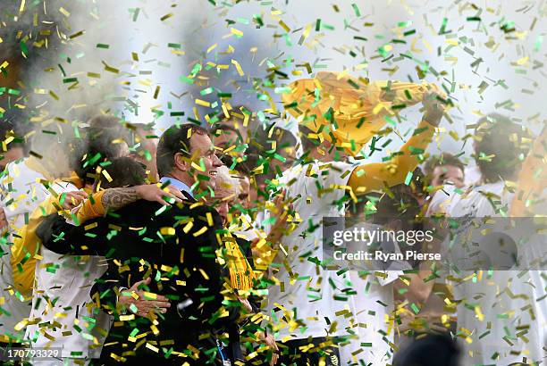 Holger Osieck, head coach of the Socceroos celebrates after the FIFA 2014 World Cup Asian Qualifier match between the Australian Socceroos and Iraq...