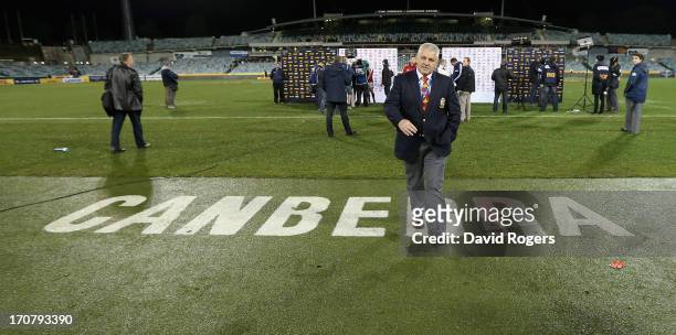 Warren Gatland, the Lions head coach, walks off theh first after his teams defeat during the International tour match between the ACT Brumbies and...