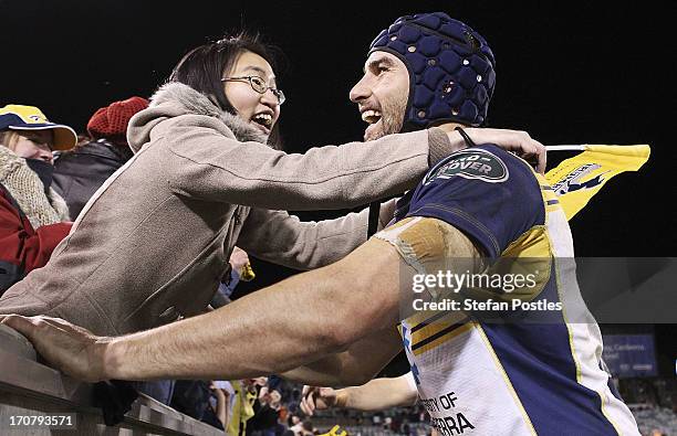 Scott Fardy of the Brumbies is congratulated by a fan after the International tour match between the ACT Brumbies and the British & Irish Lions at...