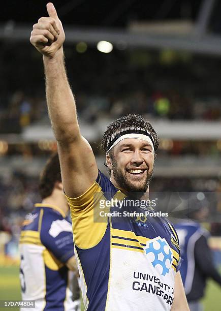 Leon Power of the Brumbies acknowledges the crowd during the International tour match between the ACT Brumbies and the British & Irish Lions at...
