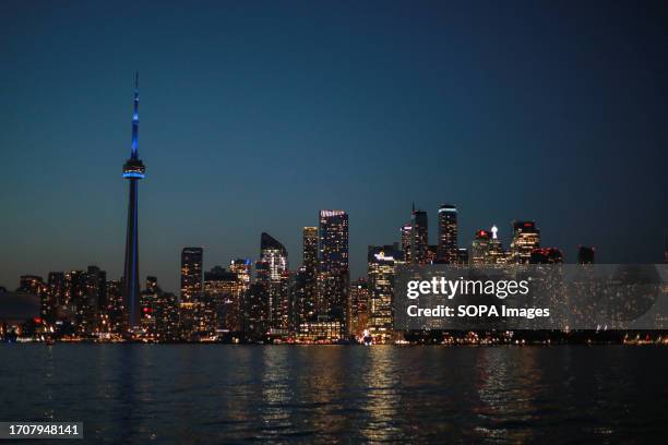 View of Toronto's city skyline at night.