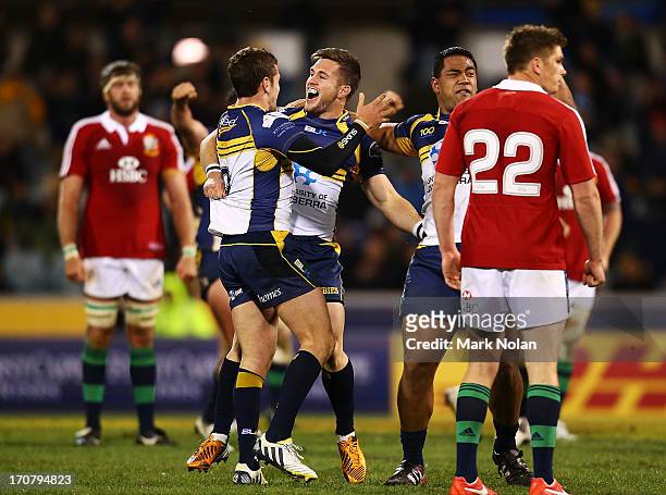The Brumbies celebrate victory after the International tour match between the ACT Brumbies and the British & Irish Lions at Canberra Stadium on June...