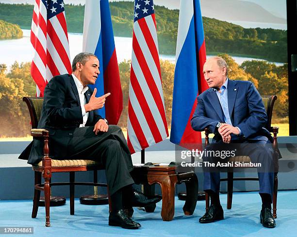 President Barack Obama and Russian President Vladimir Putin hold their bilateral meeting on the sidelines of the G8 Summit on June 17, 2013 in...