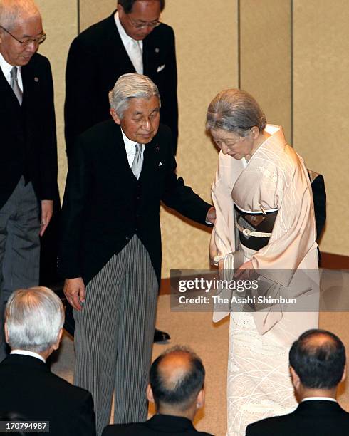 Japanese Emperor Akihito and Empress Michiko attend the Japan Academy award ceremony at their headquarters on June 17, 2013 in Tokyo, Japan.