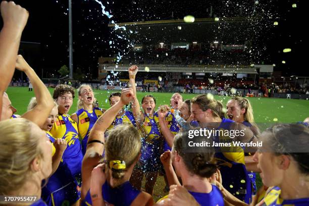 West Coast Eagles players celebrate the victory during the round five AFLW match between West Coast Eagles and Port Adelaide Power at Mineral...