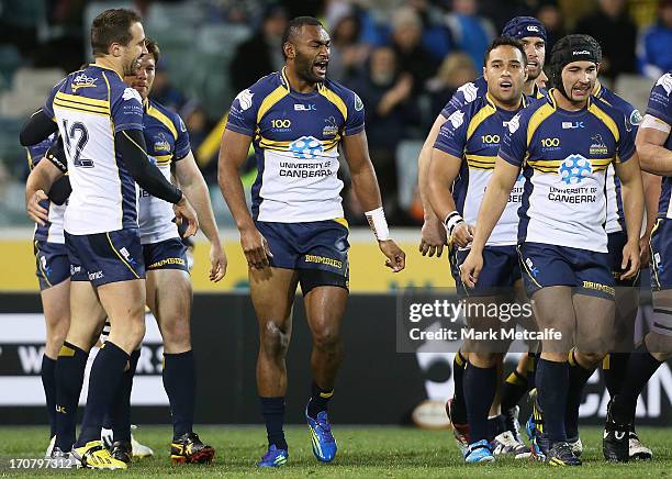 Tevita Kuridrani of the Brumbies celebrates after scoring a try during the International tour match between the ACT Brumbies and the British & Irish...