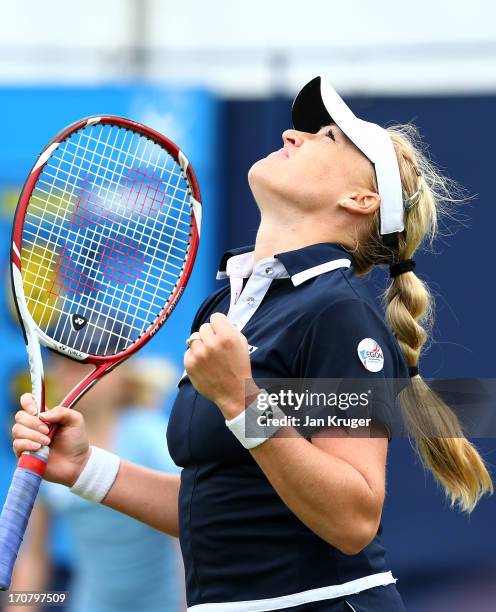 Elena Baltacha of Great Britain celebrates match point against Kristyna Pliskova of Czech Republic on day four of the AEGON International tennis...