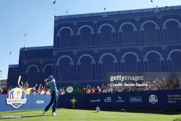 Nicolai Hojgaard of Team Europe tees off on the eighth hole during the Friday afternoon fourball matches of the 2023 Ryder Cup at Marco Simone Golf...