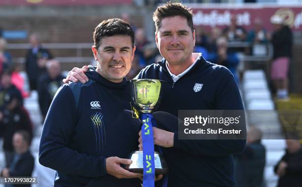 Durham coach Ryan Campbell and Marcus North celebrate the Second Division Title after the final day of the LV= Insurance County Championship Division...