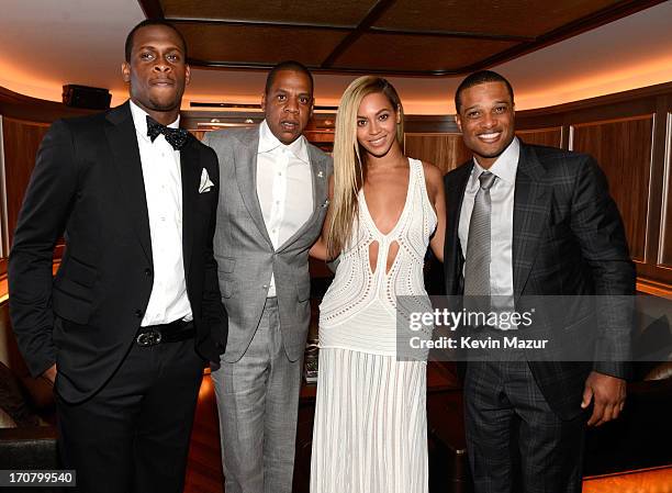 Geno Smith, Jay-Z, Beyonce and Robinson Cano attend The 40/40 Club 10 Year Anniversary Party at 40 / 40 Club on June 17, 2013 in New York City.