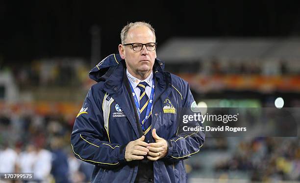 Jake White, the Brumbies head coach looks on during the International tour match between the ACT Brumbies and the British & Irish Lions at Canberra...