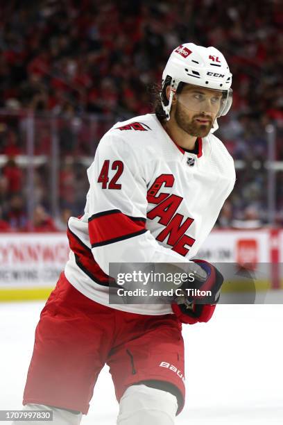 Brendan Perlini of the Carolina Hurricanes warms up prior to their game against the Florida Panthers at PNC Arena on September 27, 2023 in Raleigh,...