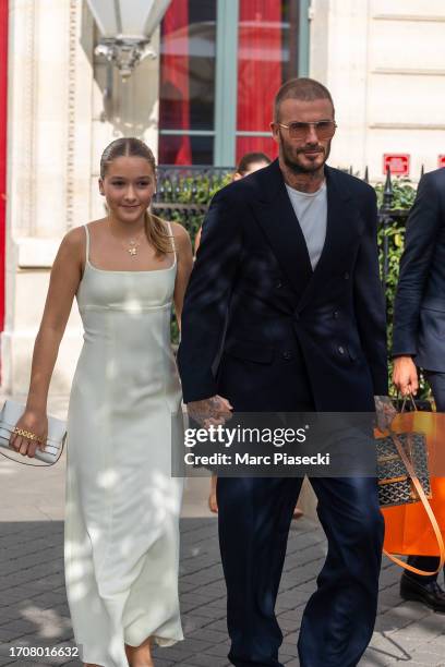 Harper Beckham and David Beckham are seen on September 29, 2023 in Paris, France.