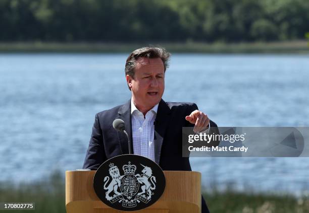 Britain's Prime Minister David Cameron, answers questions from the media at a concluding press conference at the G8 venue of Lough Erne on June 18,...