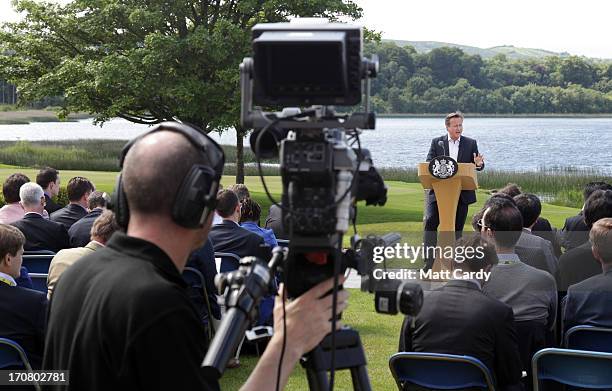 Britain's Prime Minister David Cameron, speaks to the media at a concluding press conference at the G8 venue of Lough Erne on June 18, 2013 in...