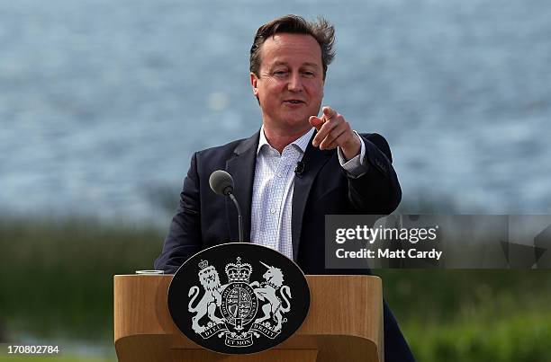 Britain's Prime Minister David Cameron, answers questions from the media at a concluding press conference at the G8 venue of Lough Erne on June 18,...