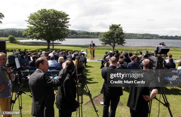 Britain's Prime Minister David Cameron, answers questions from the media at a concluding press conference at the G8 venue of Lough Erne on June 18,...