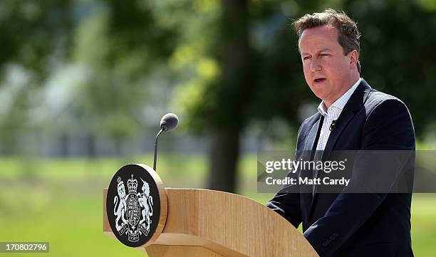 Britain's Prime Minister David Cameron, speaks to the media at a concluding press conference at the G8 venue of Lough Erne on June 18, 2013 in...