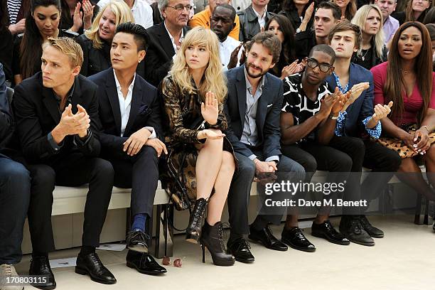 Max Chilton, Chen Kun, Suki Waterhouse, Hugh Dancy, Tinie Tempah, Douglas Booth and Serena Williams sit in the front row at Burberry Menswear...