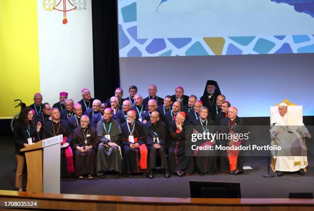 Pope Francis participates in the final session of the Rencontres Mediterraneennes in the Palais du Pharo. The Holy Father is welcomed by the...