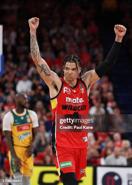 Jordan Usher of the Wildcats celebrates during the round one NBL match between Perth Wildcats and Tasmania Jackjumpers at RAC Arena, on September 29...